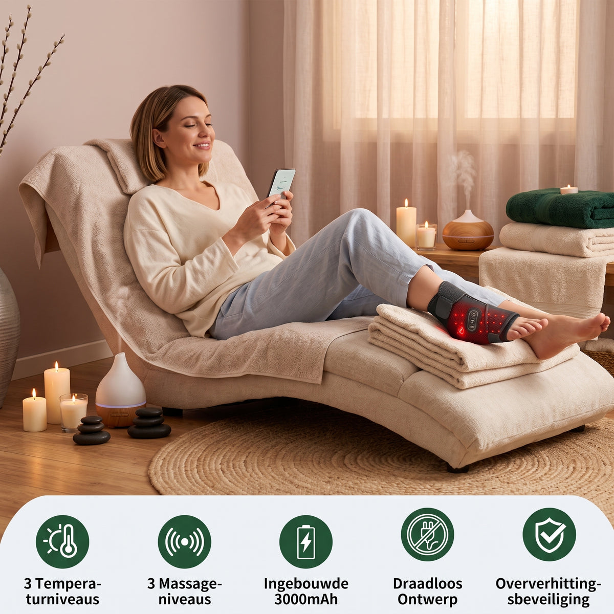 Vrouw ontspant met de Somney RedLight FootEase voetmassager